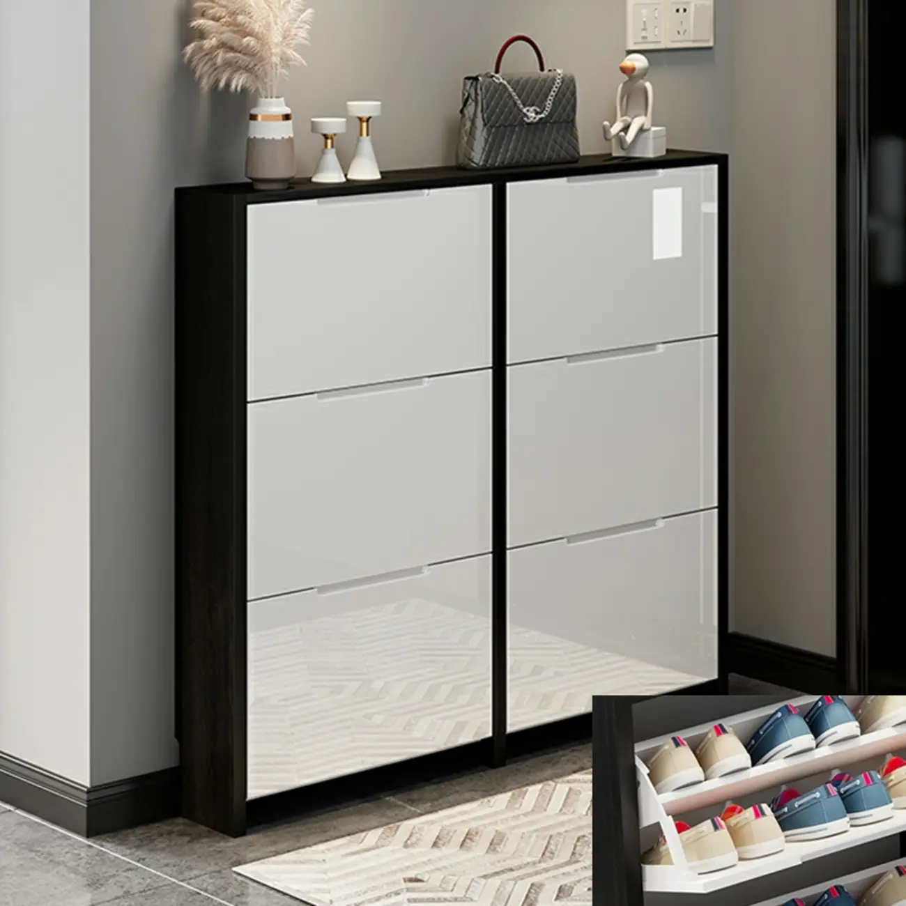Entryway	Black Narrow Drop Front Shoe Storage Cabinet Image - 11 | homeyfad
