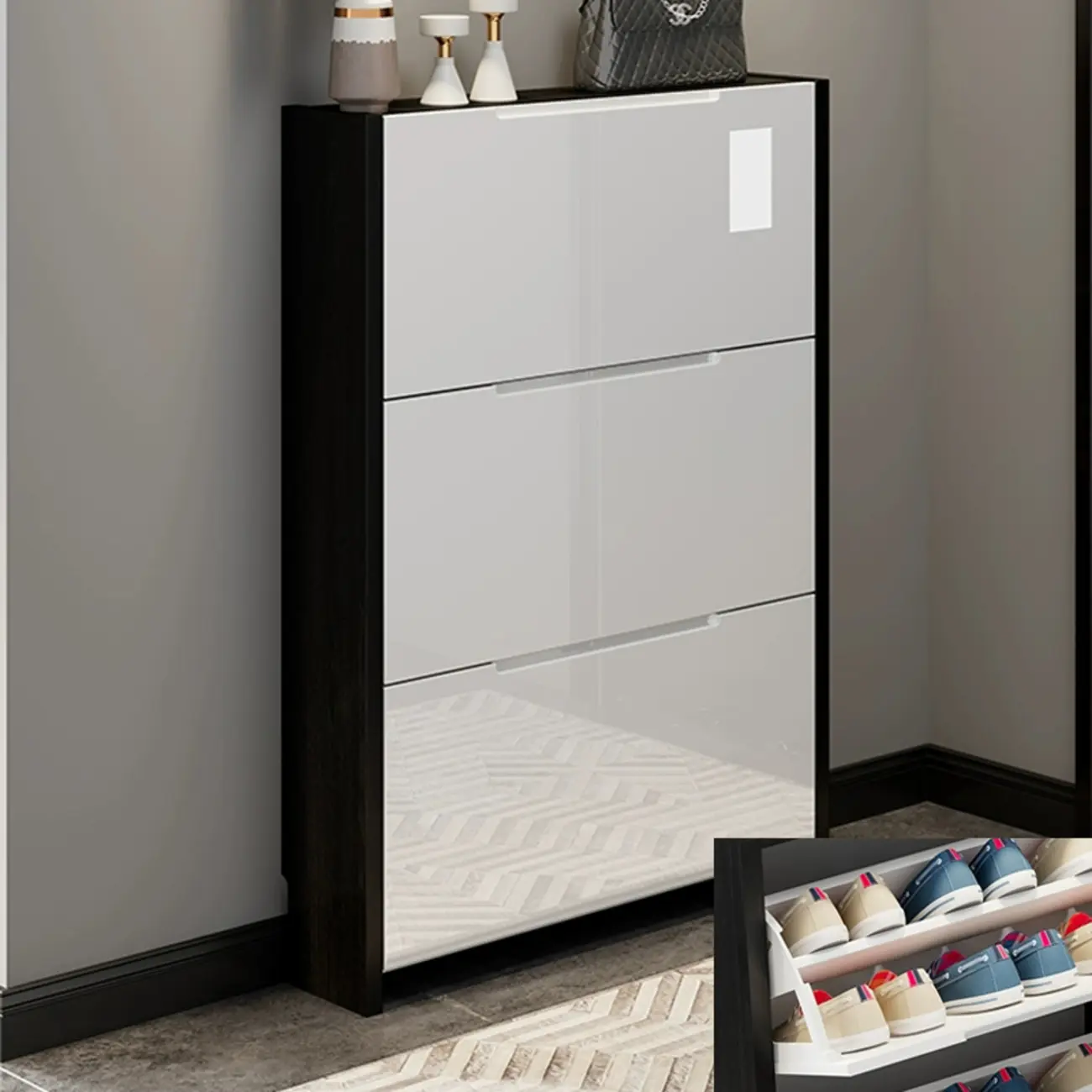 Entryway	Black Narrow Drop Front Shoe Storage Cabinet Image - 10 | homeyfad