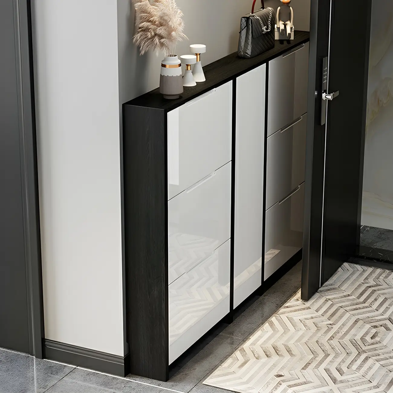 Entryway	Black Narrow Drop Front Shoe Storage Cabinet Image - 2 | homeyfad