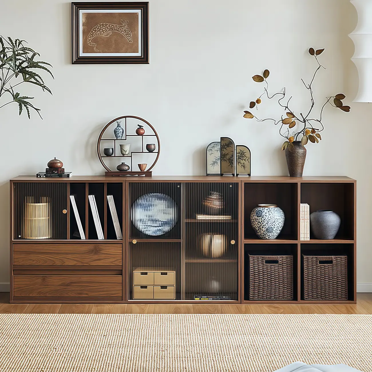 Short Modern Brown Wooden Cube Bookcase with Doors Image - 1 | homeyfad