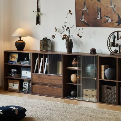 Short Modern Brown Wooden Cube Bookcase with Doors Image - 3