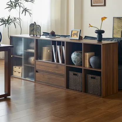 Short Modern Brown Wooden Cube Bookcase with Doors Image - 2