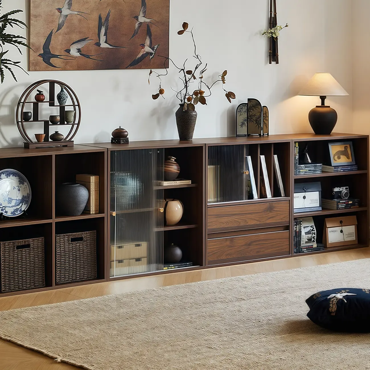 Short Modern Brown Wooden Cube Bookcase with Doors Image - 4