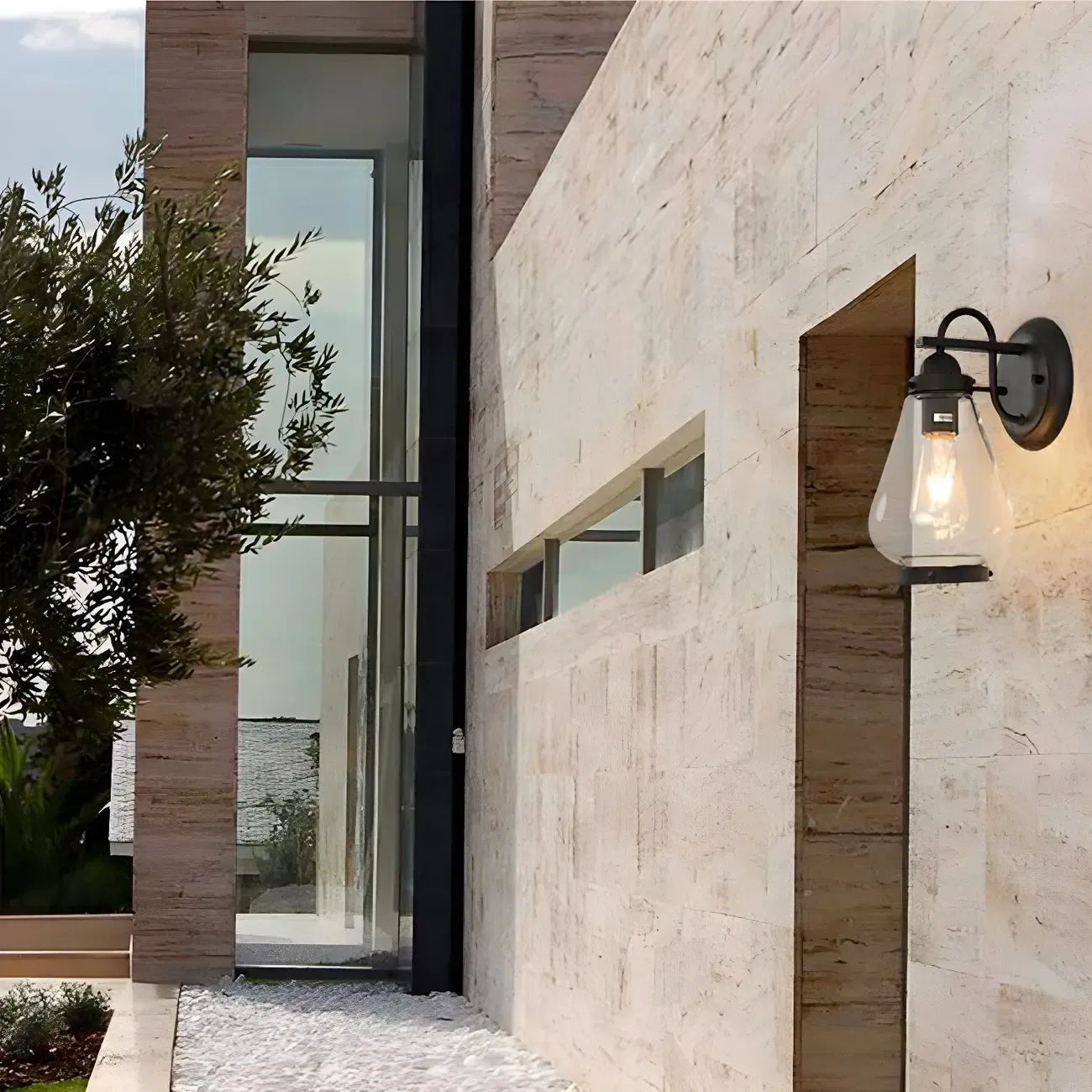 Modern Black Metal Outdoor Wall Light with Glass Shade Image - 3