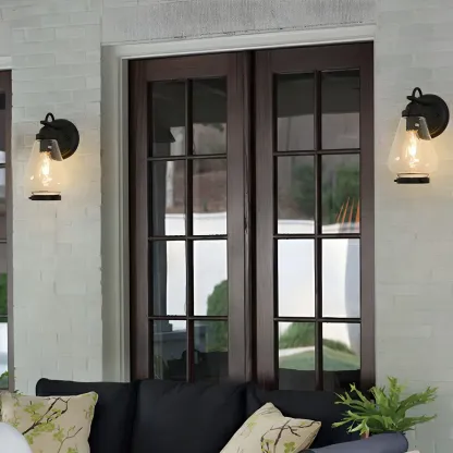 Modern Black Metal Outdoor Wall Light with Glass Shade Image - 2