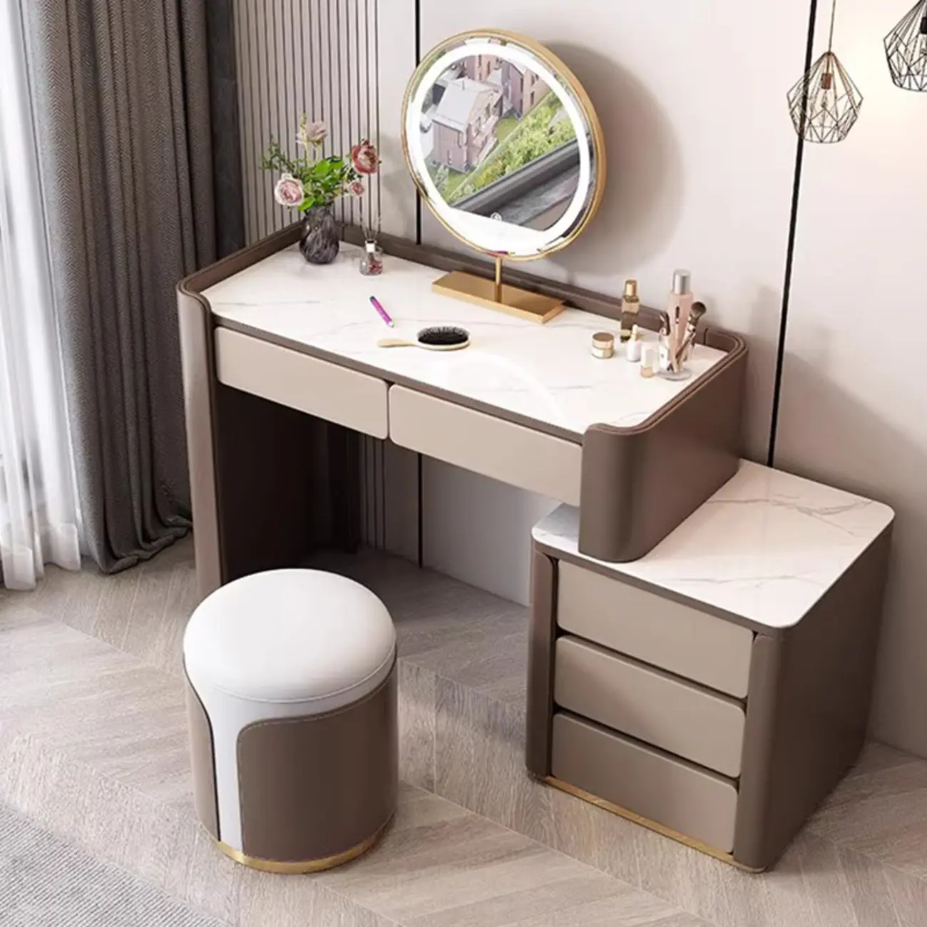 Modern Stone Top Makeup Vanity with Mirror & Stool Image - 1 | homeyfad