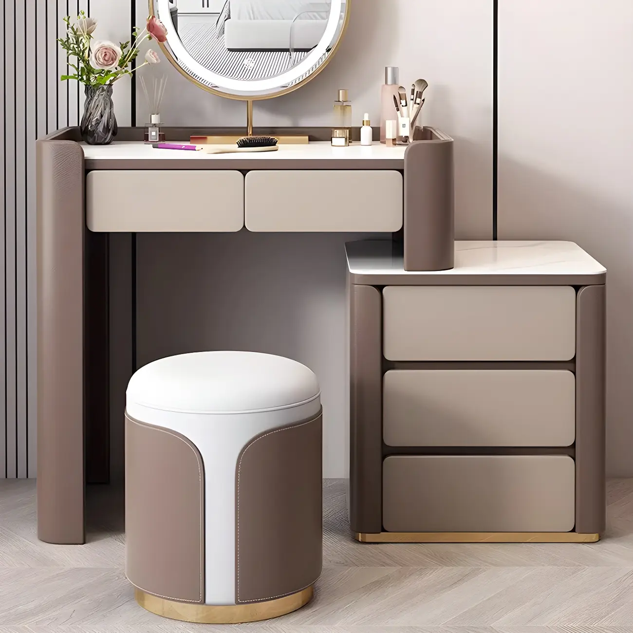 Modern Stone Top Makeup Vanity with Mirror & Stool Image - 2 | homeyfad