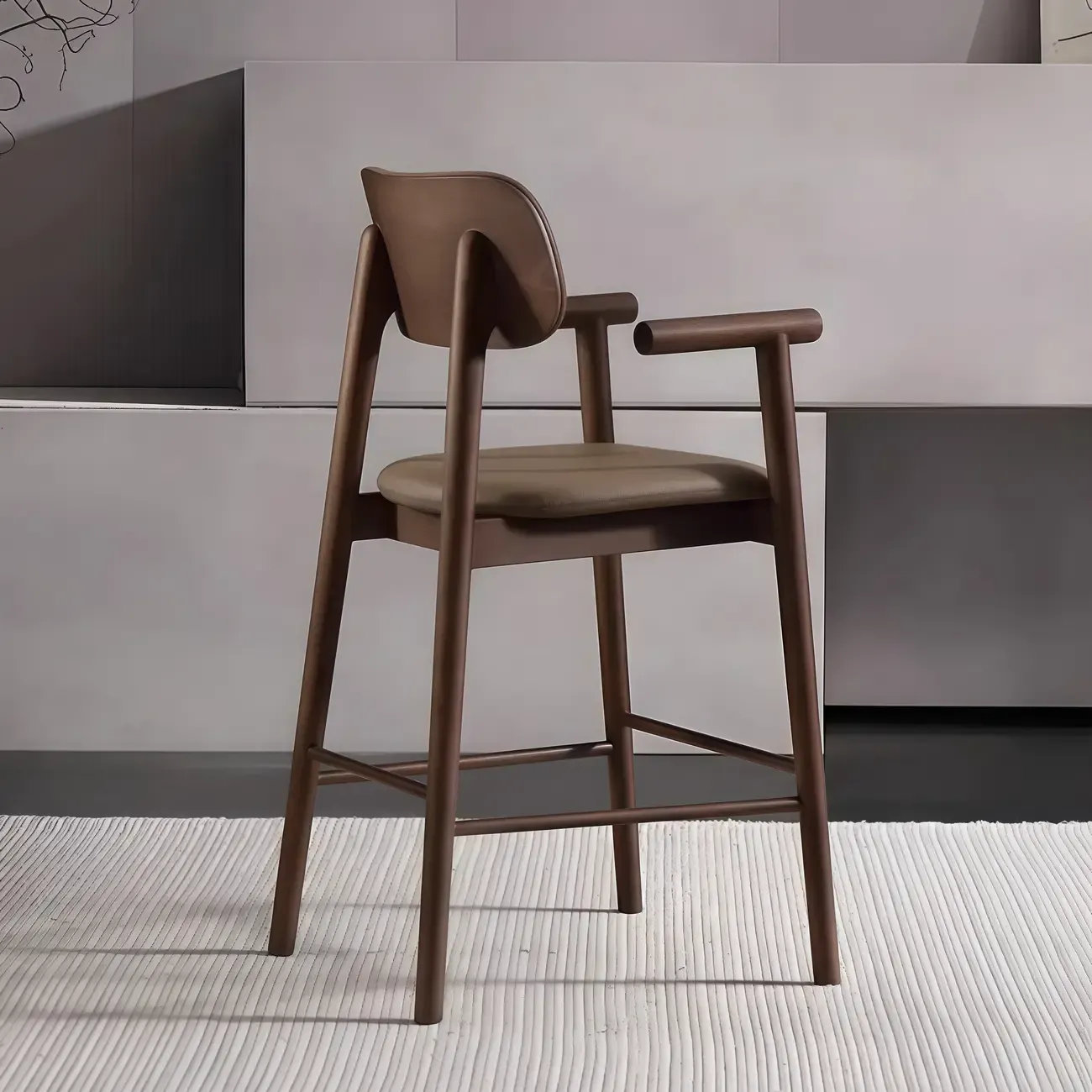 Square Four Legs Black Wood Leather Bar Stools Image - 2