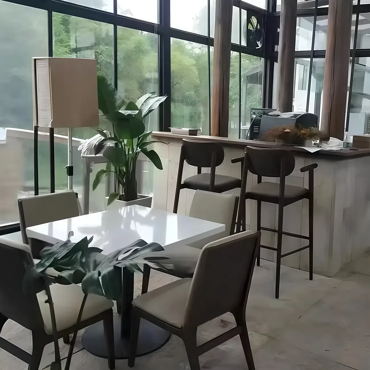 Square Four Legs Black Wood Leather Bar Stools Image - 5