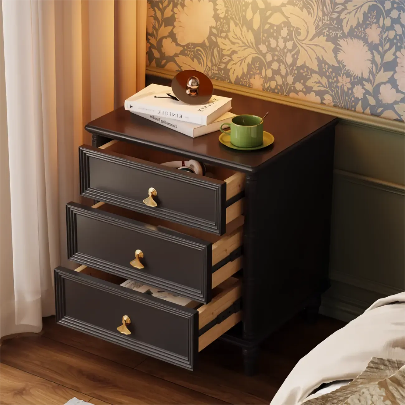 Traditional Rectangular Solid Wood 3-Drawer Black Nightstand Image - 2