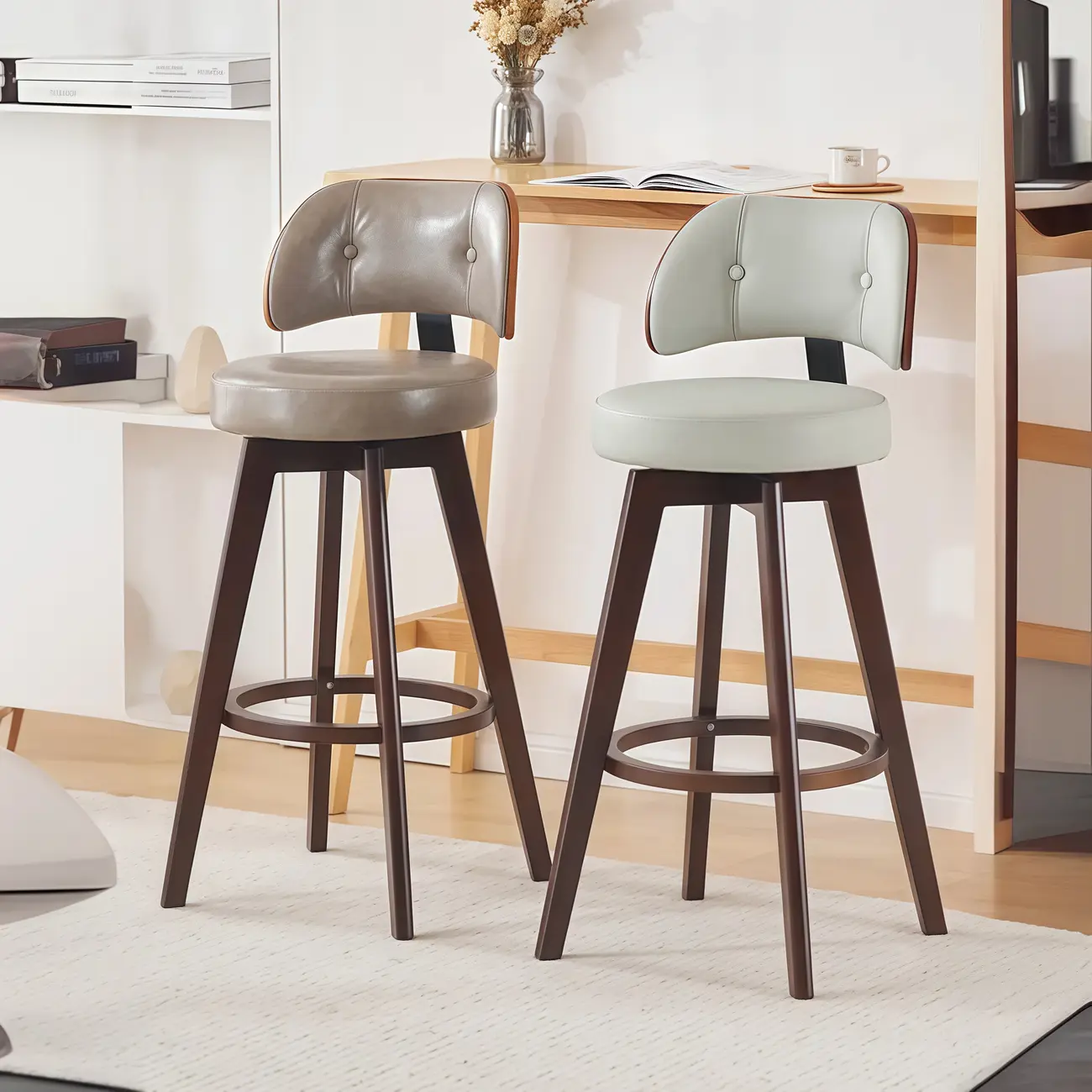 Natural Wood Round Leather Swivel Bar Stools Image - 1 | homeyfad