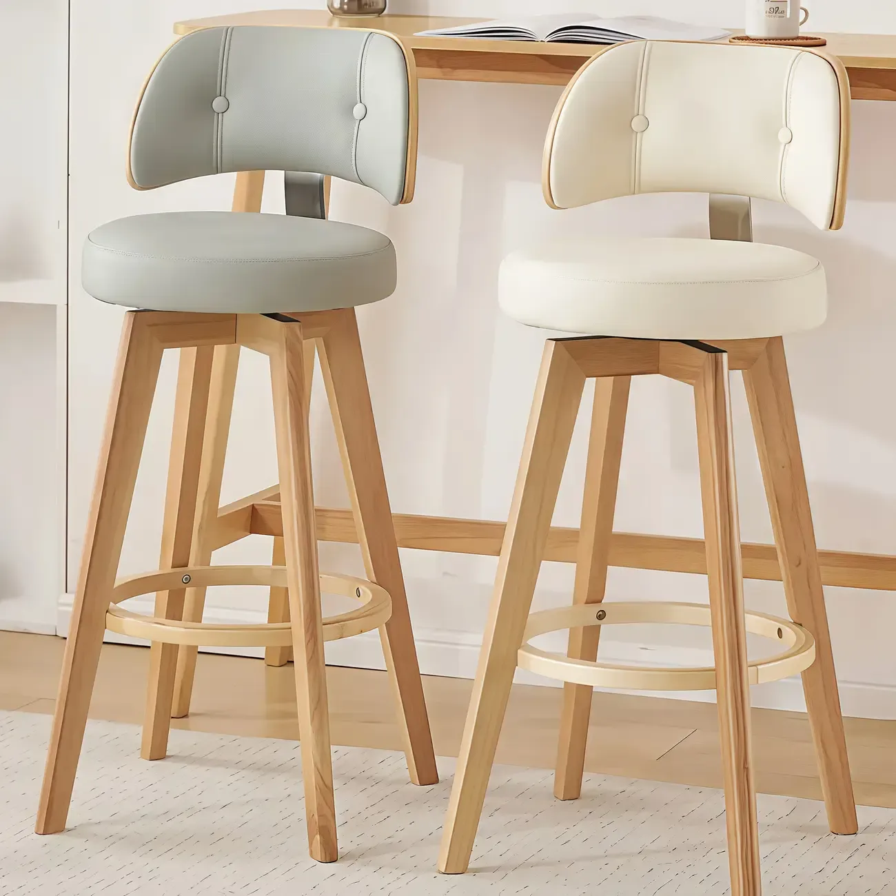 Natural Wood Round Leather Swivel Bar Stools Image - 3
