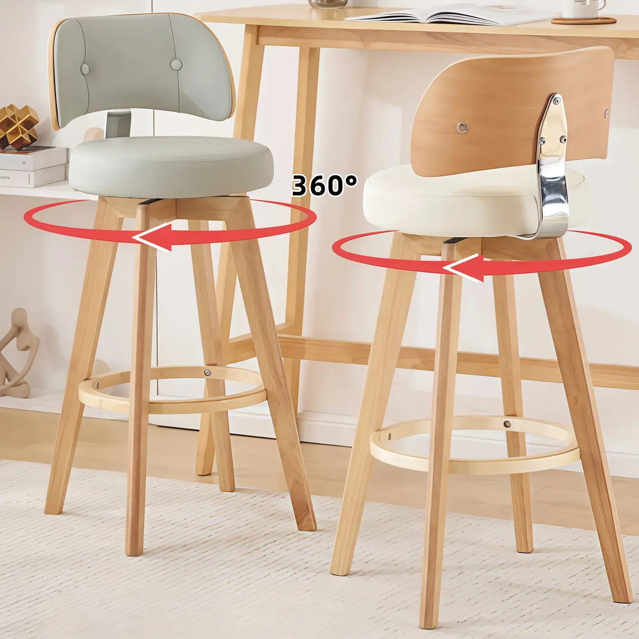 Natural Wood Round Leather Swivel Bar Stools Image - 4 | homeyfad