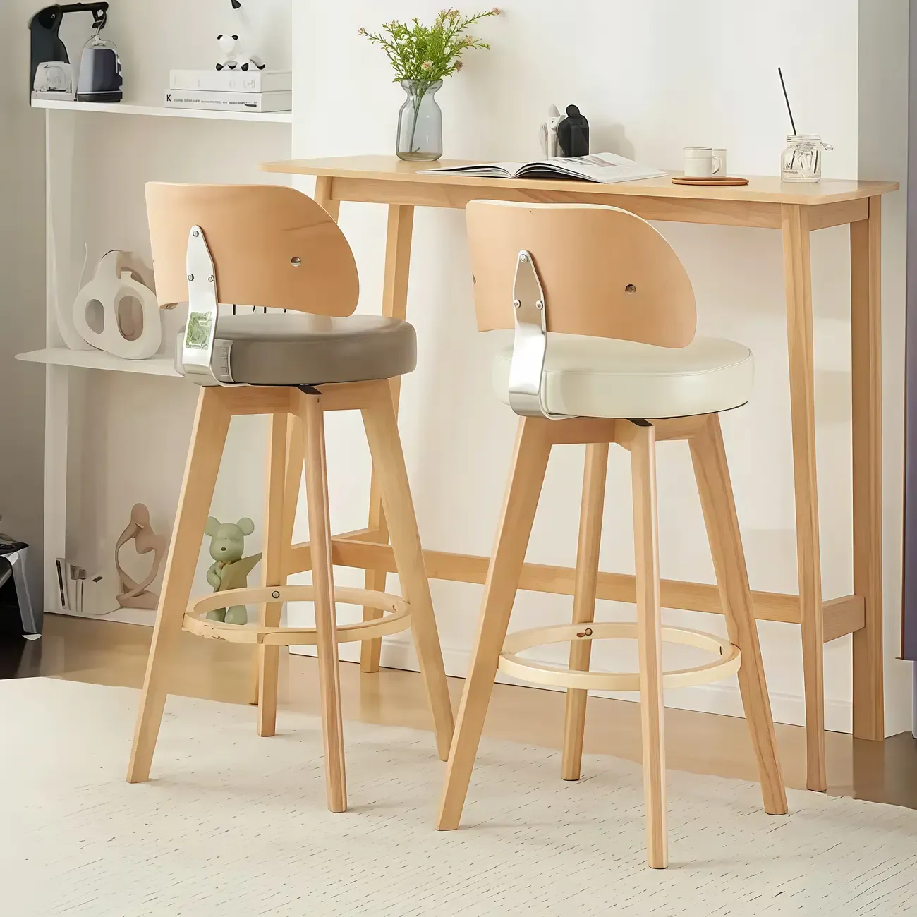 Natural Wood Round Leather Swivel Bar Stools Image - 5