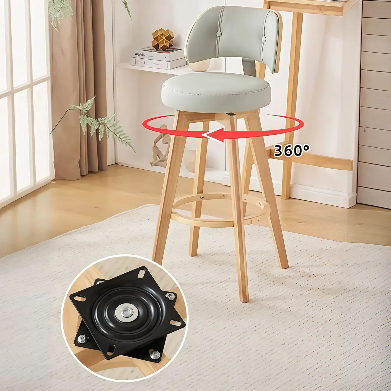 Natural Wood Round Leather Swivel Bar Stools Image - 6