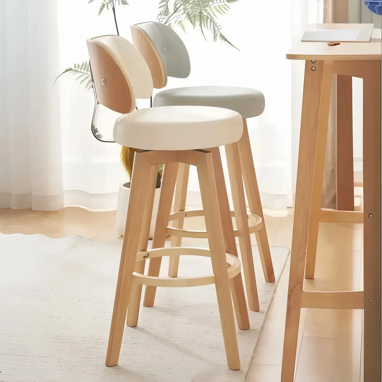 Natural Wood Round Leather Swivel Bar Stools Image - 2