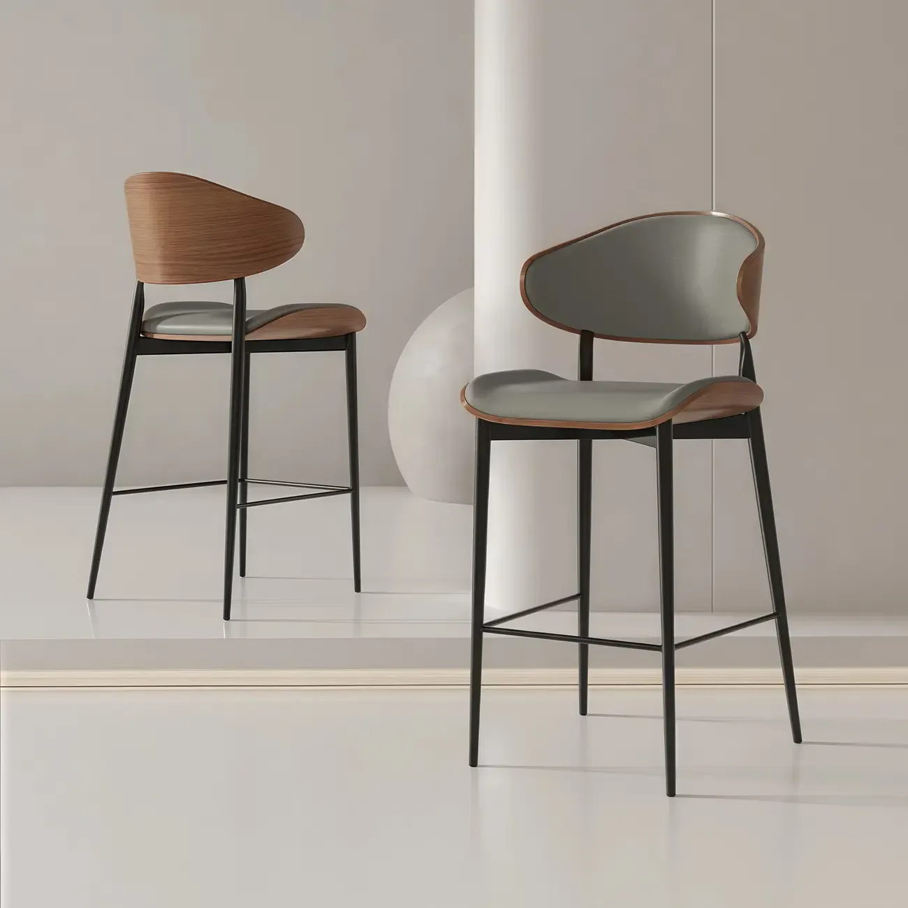 Modern Brown Black Leather Curved Back Bar Stools Image - 2