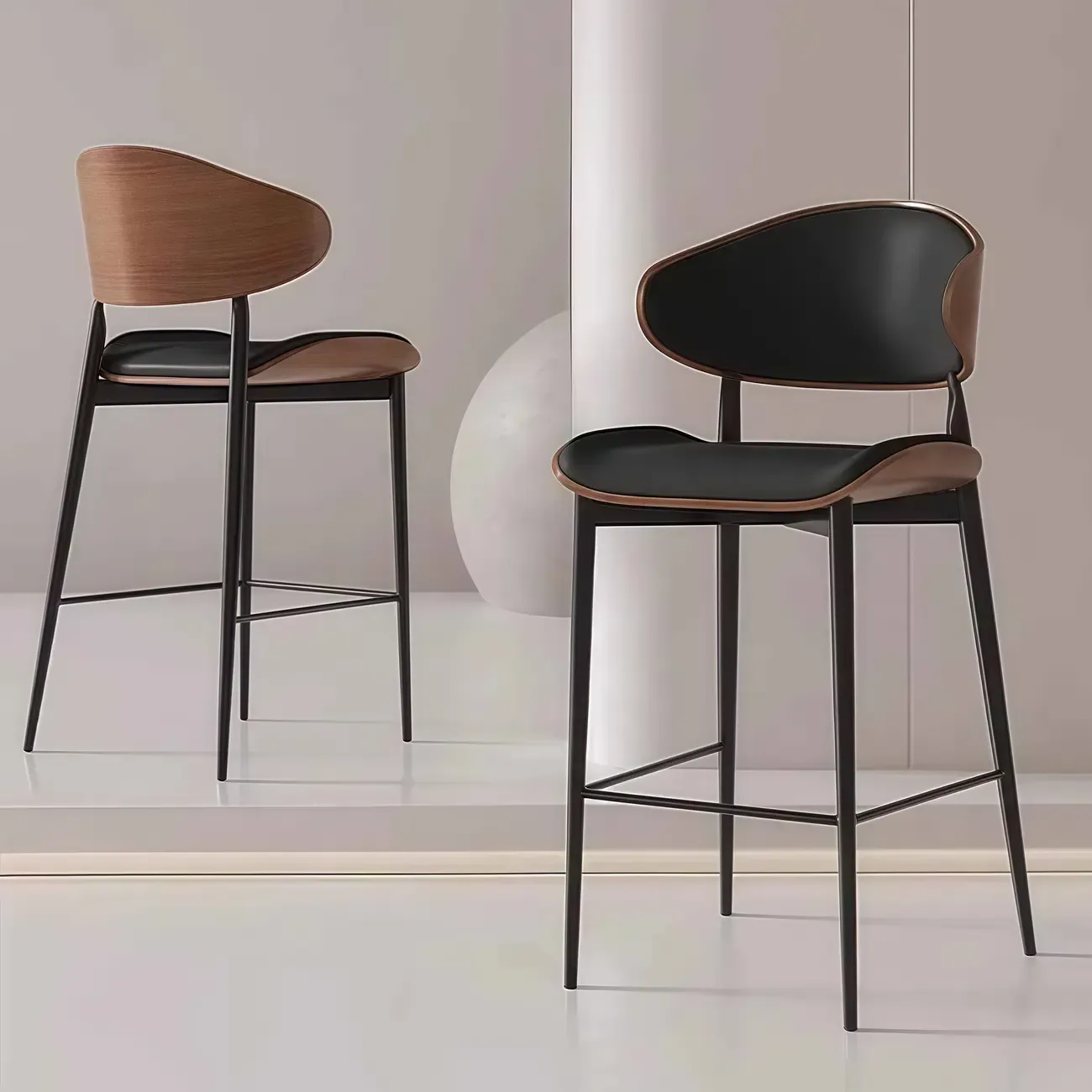 Modern Brown Black Leather Curved Back Bar Stools Image - 1