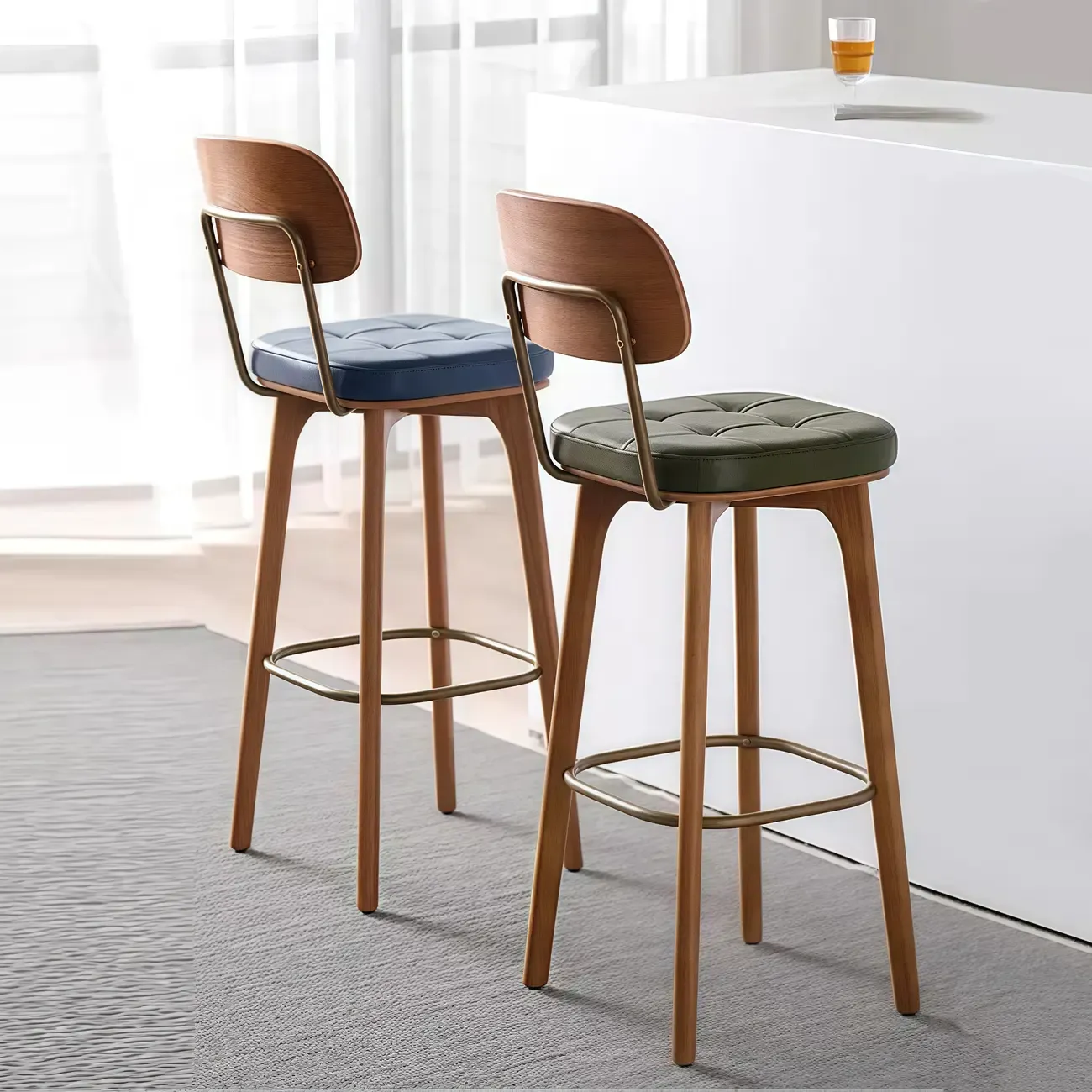 Rustic Square Leather Brown Wooden Bar Stools Image - 1