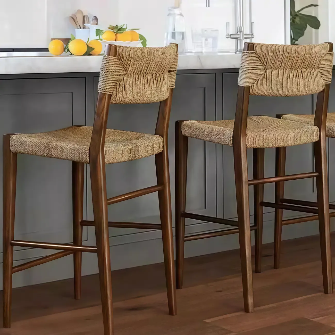 Coastal Woven Rope Brown Wooden Bar Stools Image - 4