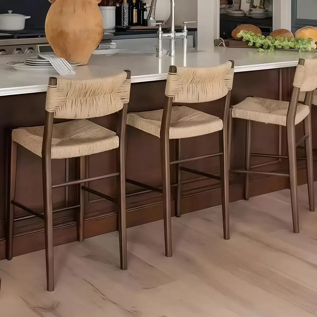 Coastal Woven Rope Brown Wooden Bar Stools Image - 2