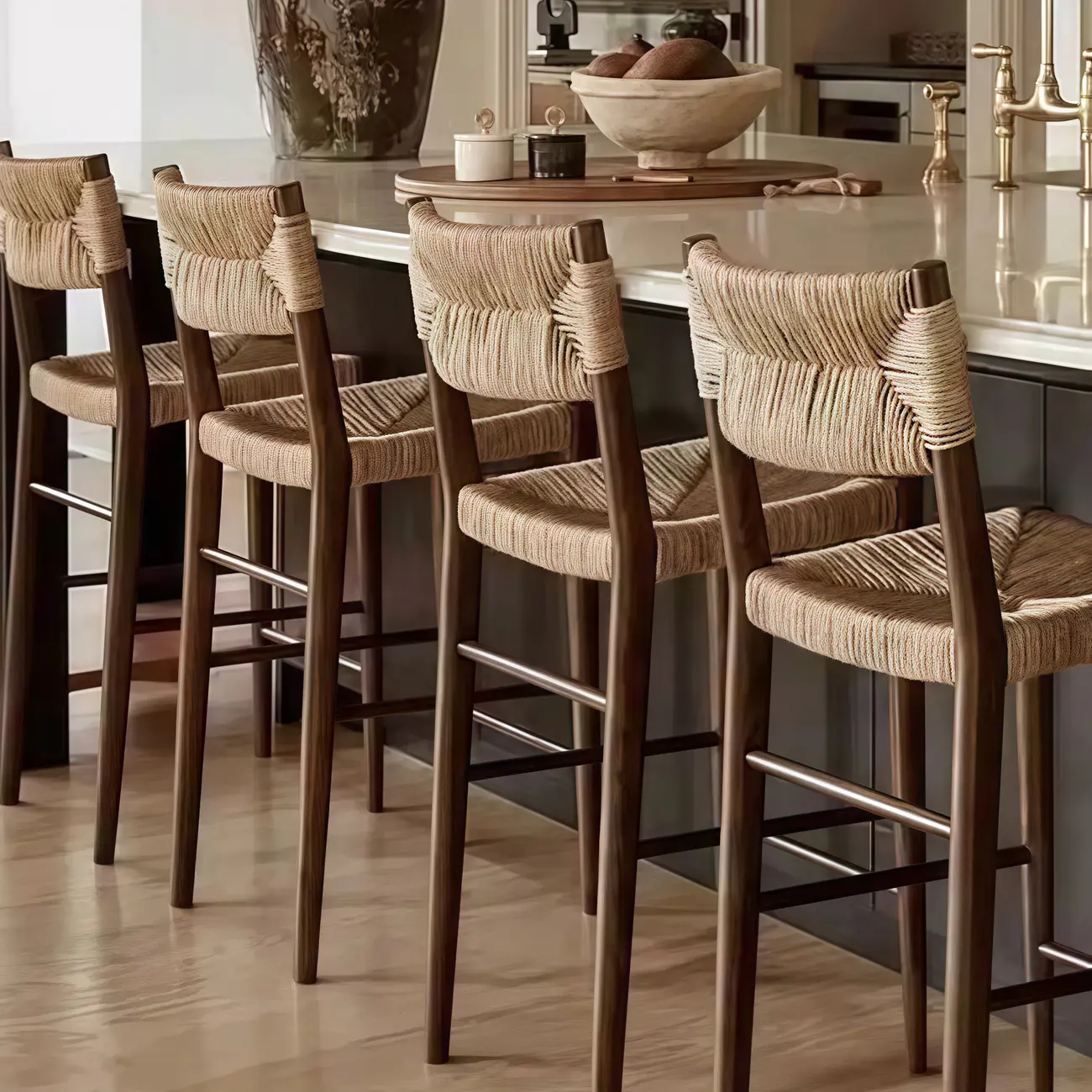 Coastal Woven Rope Brown Wooden Bar Stools Image - 1 | homeyfad