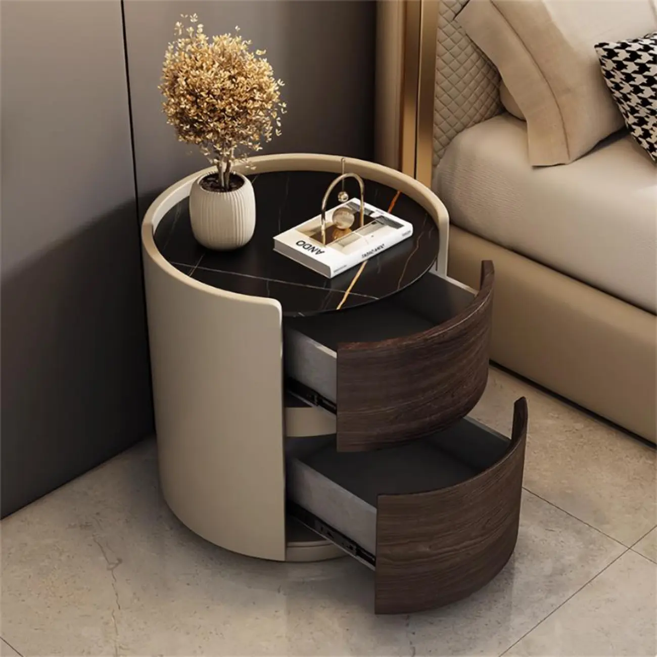 Narrow Pine Wood Soft-Close 2 Tier Round Bedside Table Image - 2 | homeyfad