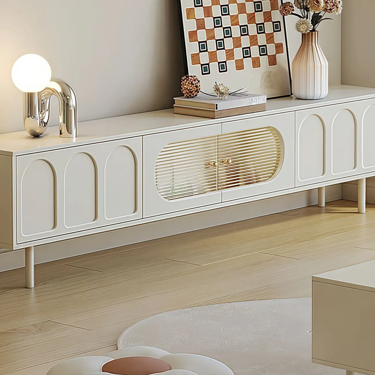 Modern White Lumber Rectangle TV Stand with Storage Image - 2 | homeyfad