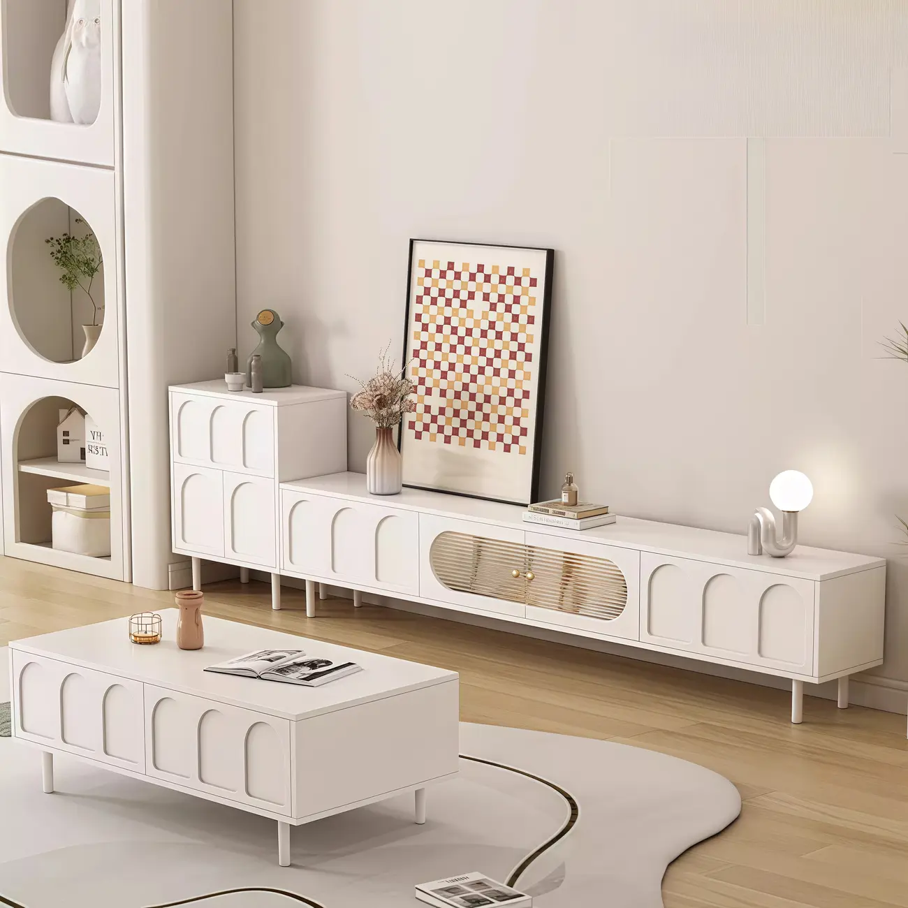 Modern White Lumber Rectangle TV Stand with Storage Image - 1 | homeyfad