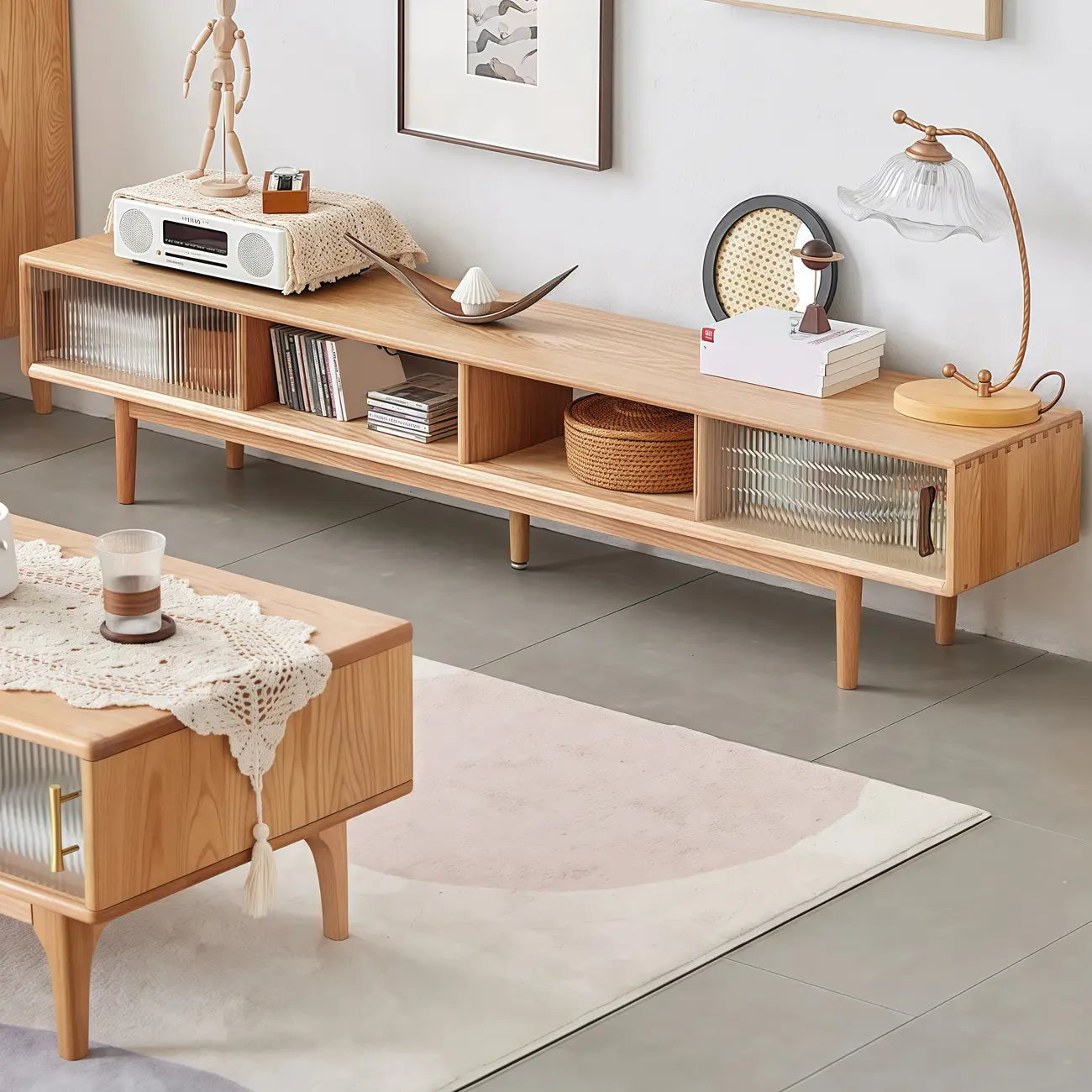 Natural Wood TV Stand with 2 Cabinets Image - 1 | homeyfad