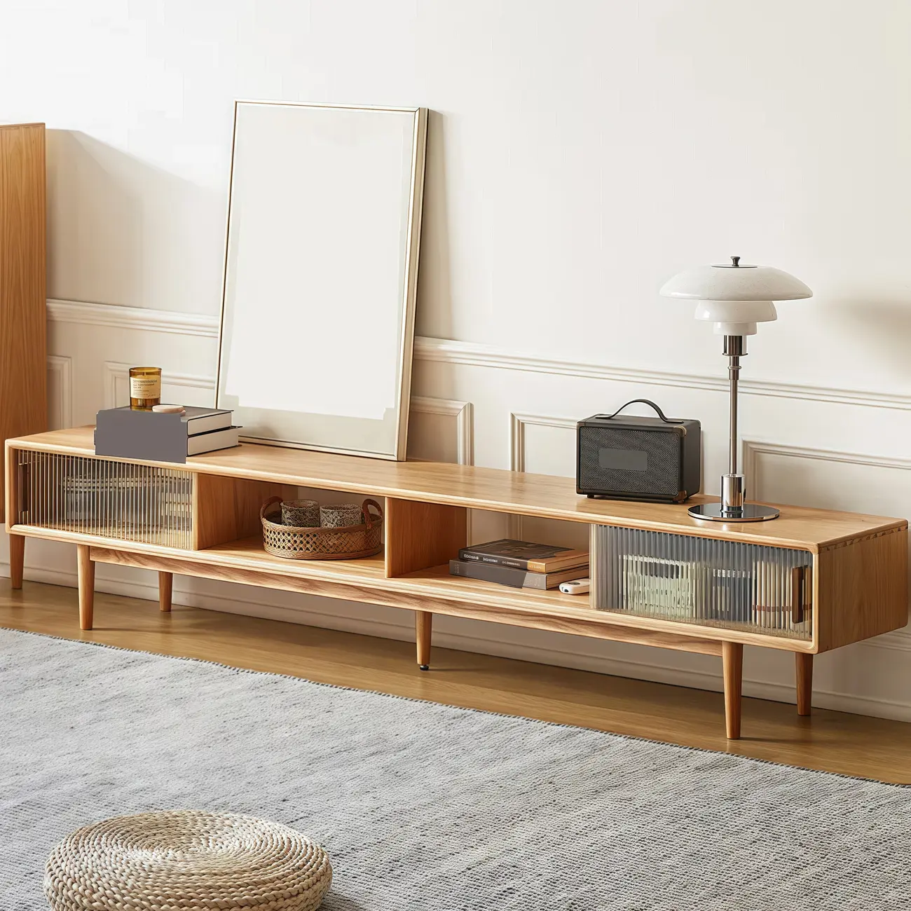 Natural Wood TV Stand with 2 Cabinets Image - 2 | homeyfad