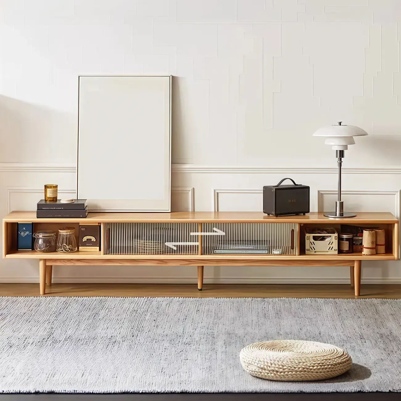 Natural Wood TV Stand with 2 Cabinets Image - 3