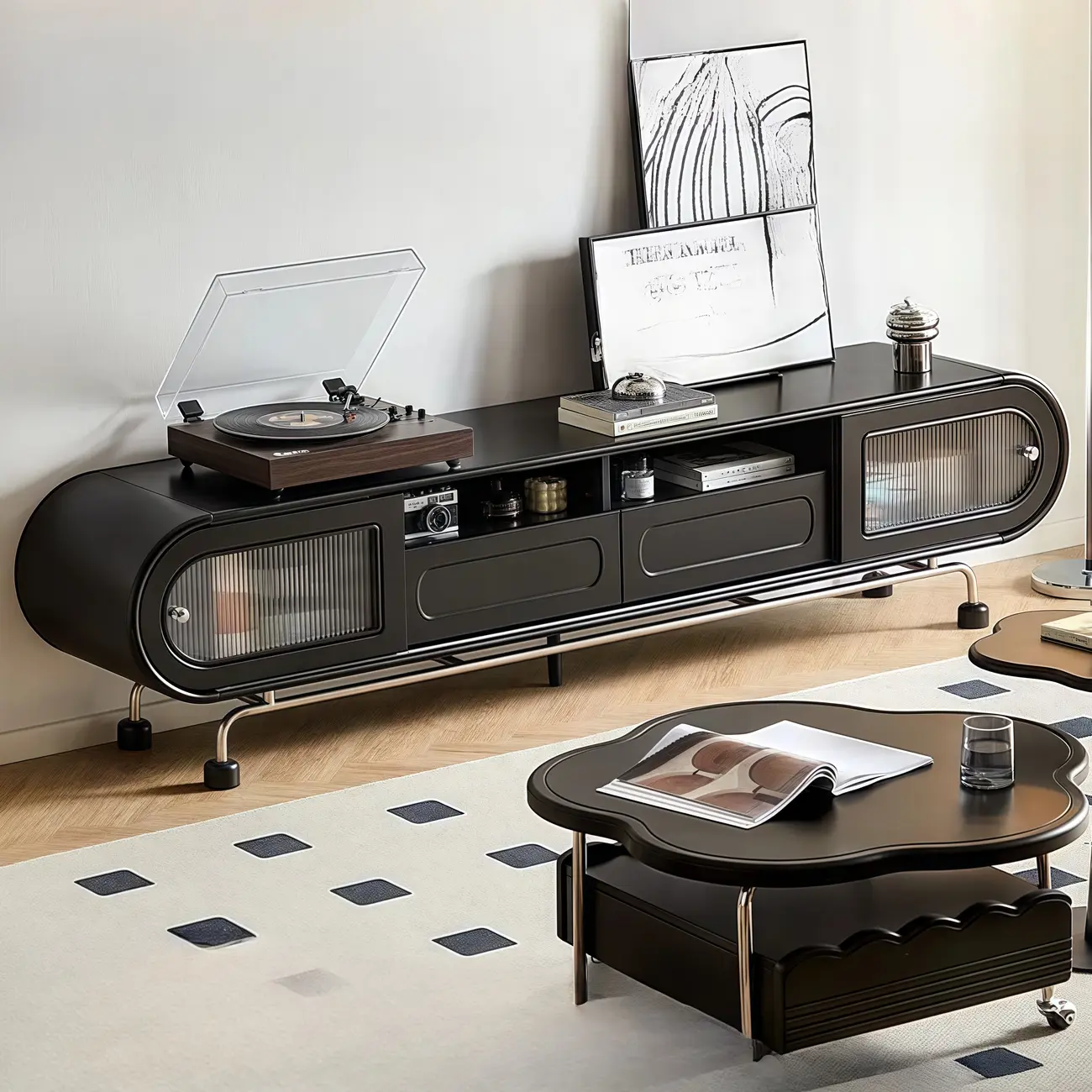 Modern Long Oblong Black Lumber TV Stand with Storage Image - 1 | homeyfad