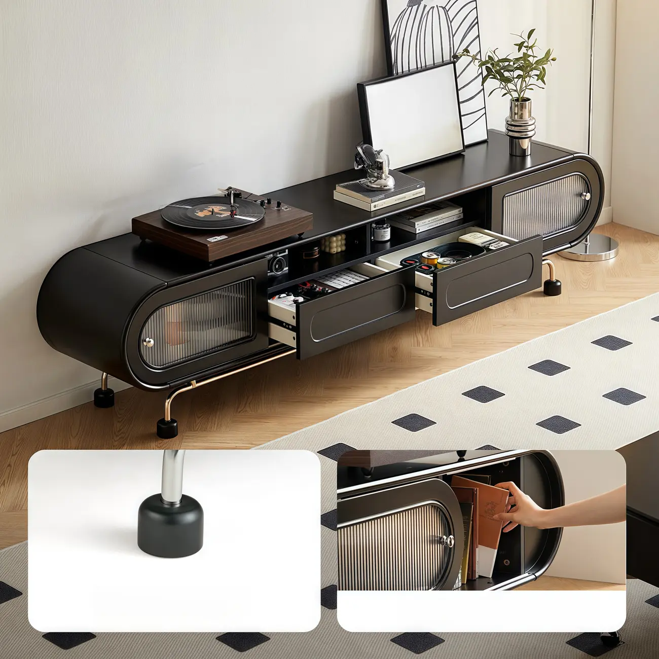 Modern Long Oblong Black Lumber TV Stand with Storage Image - 2 | homeyfad