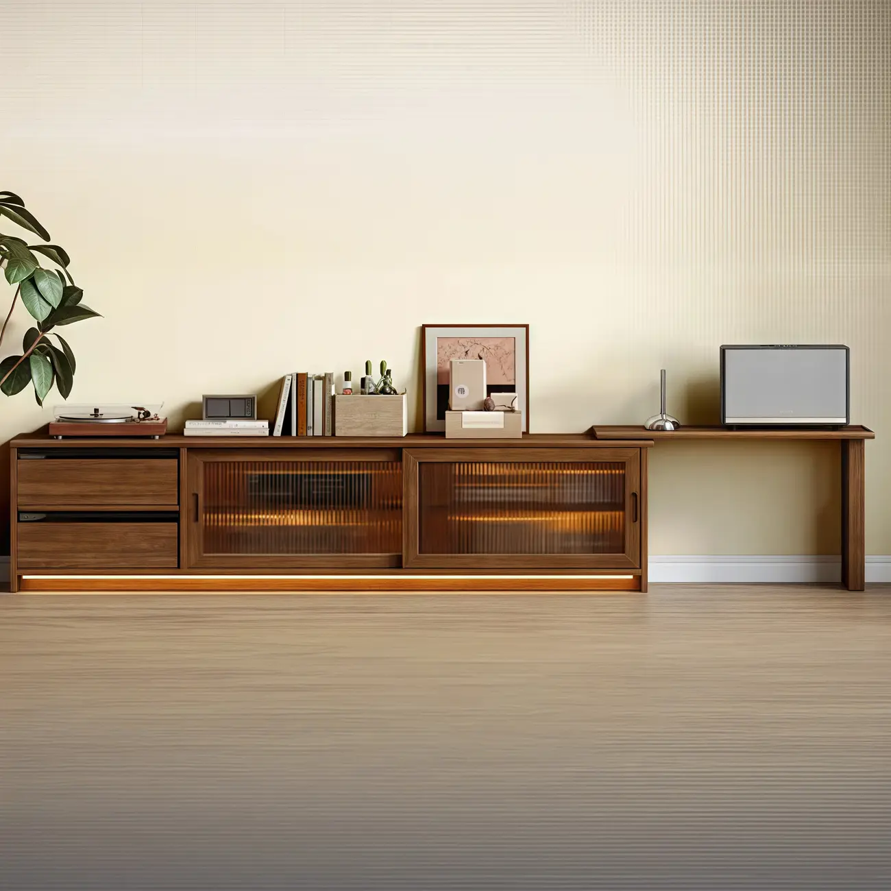 Extendable Long Brown Wood TV Stand with 2 Cabinets Image - 2 | homeyfad