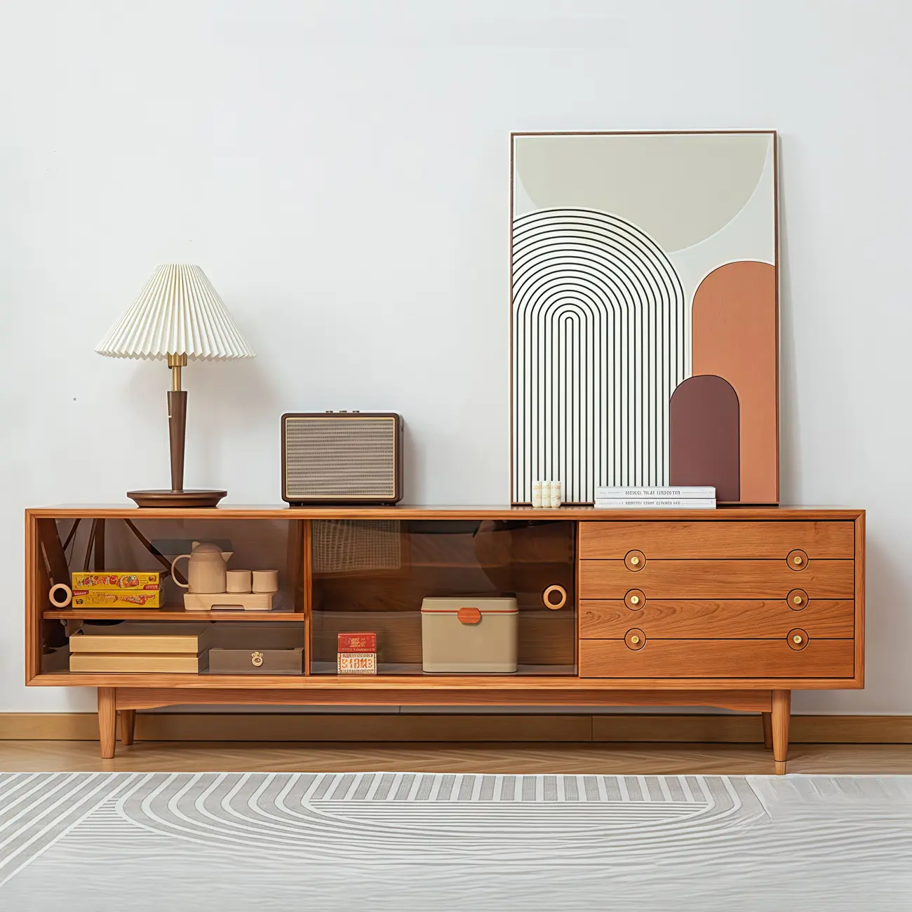 Long Scandinavian Cherry Wood TV Stand with Door Image - 2 | homeyfad