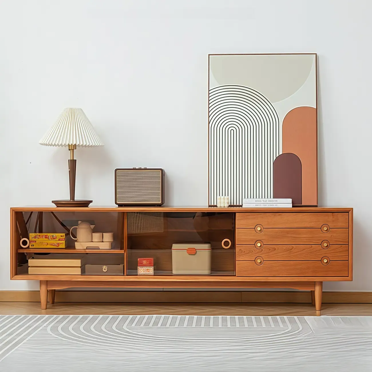 Long Scandinavian Cherry Wood TV Stand with Door Image - 2