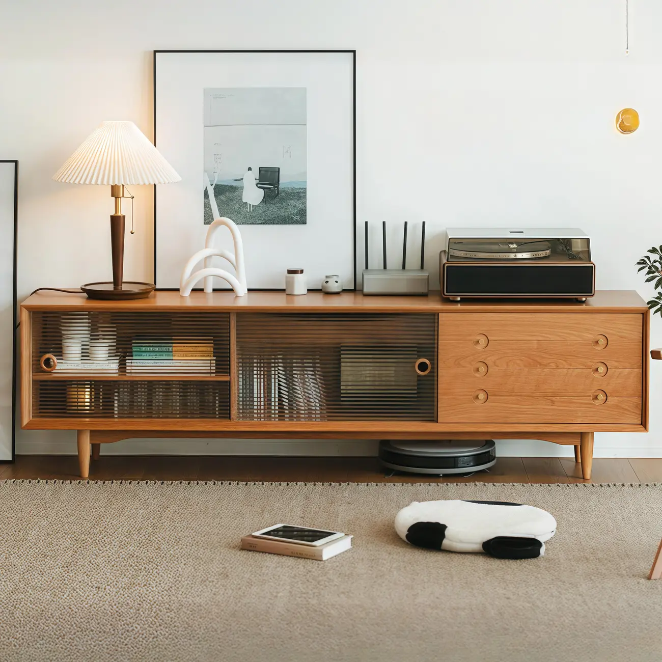 Long Scandinavian Cherry Wood TV Stand with Door Image - 3 | homeyfad