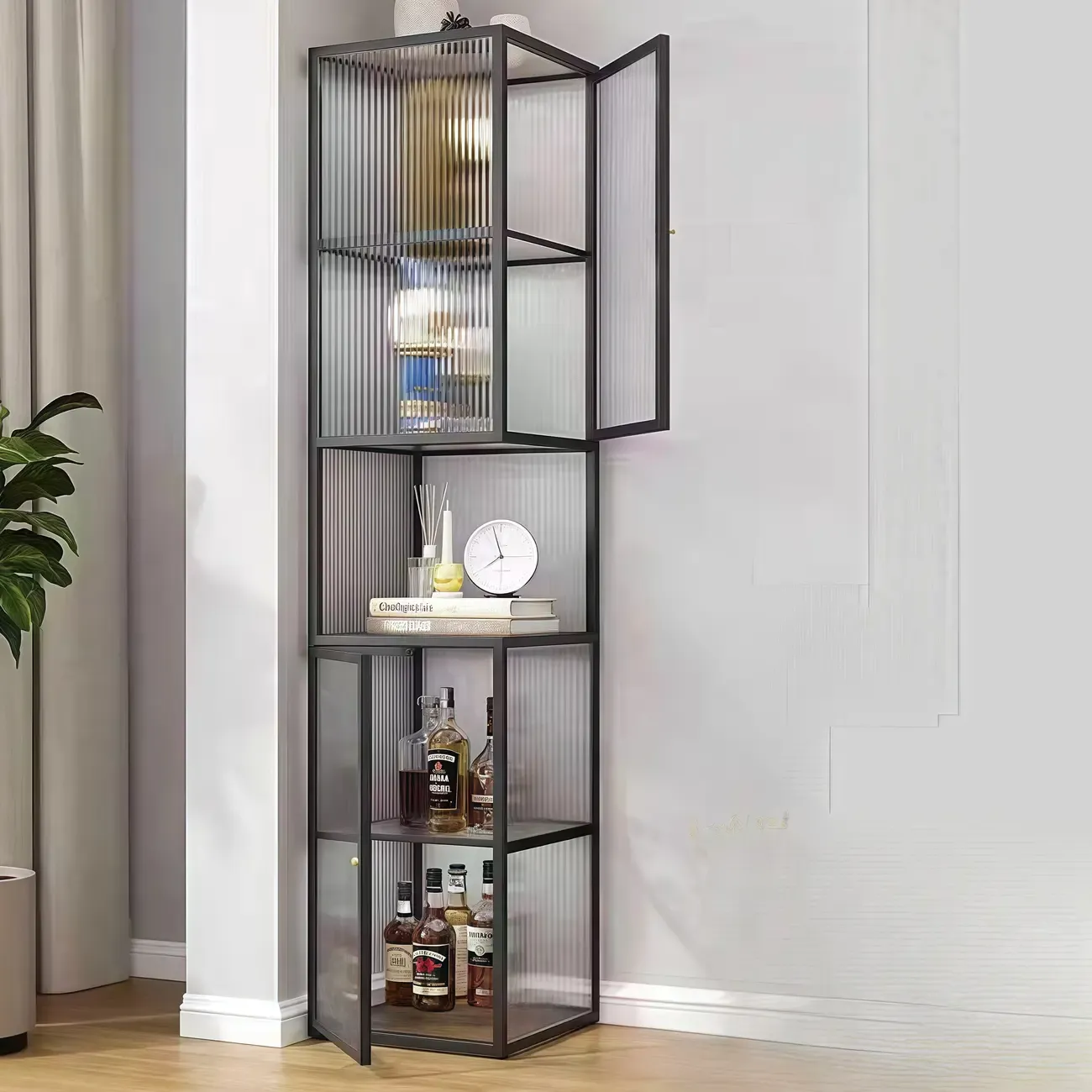 Modern Floor 4-Shelf Metal Display Cabinet with Glass Doors | HomeyFad