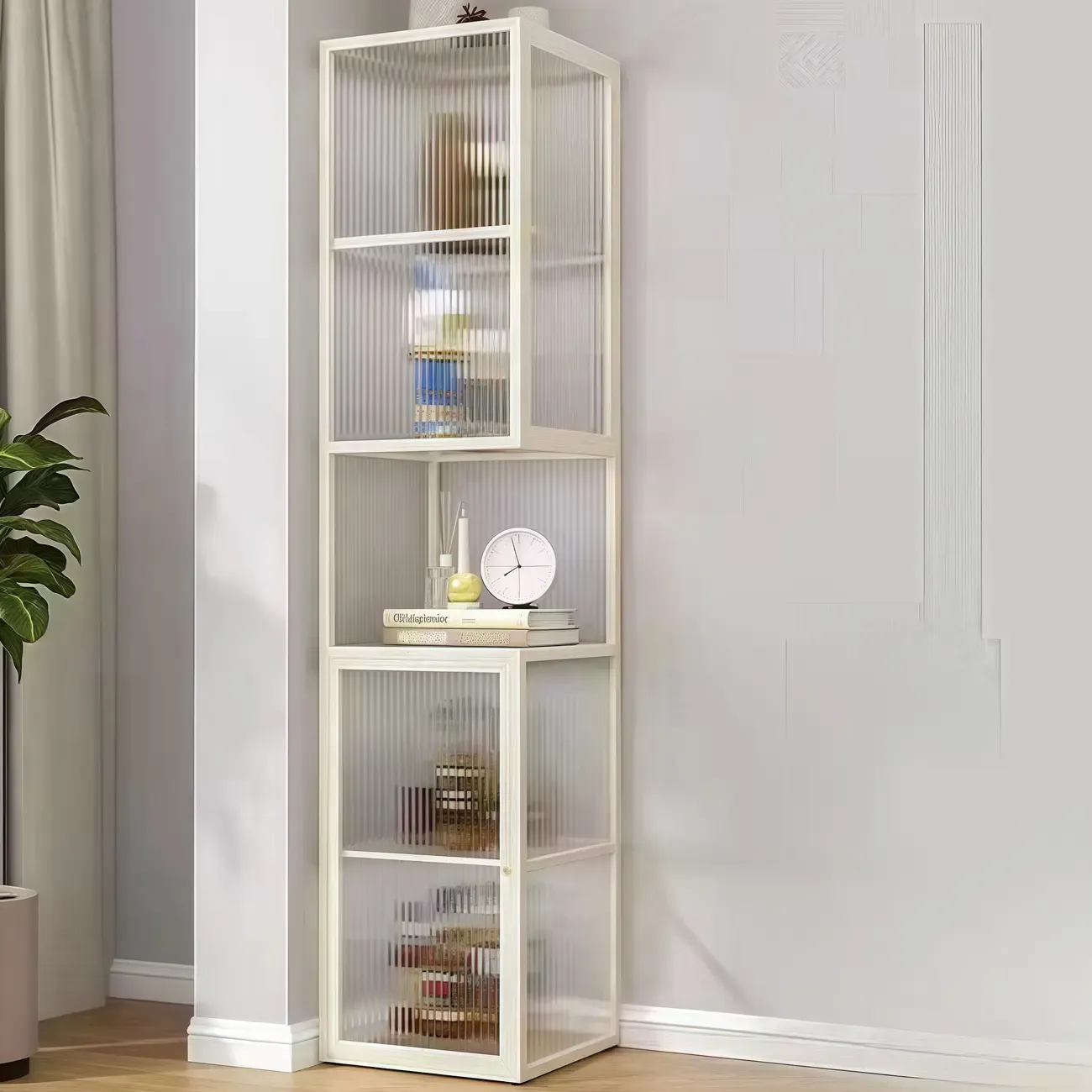 Modern Floor 4-Shelf Metal Display Cabinet with Glass Doors