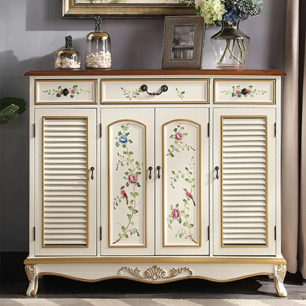 Traditional Beige Wooden Floral Shoe Cabinet with Drawers Image - 1 | homeyfad