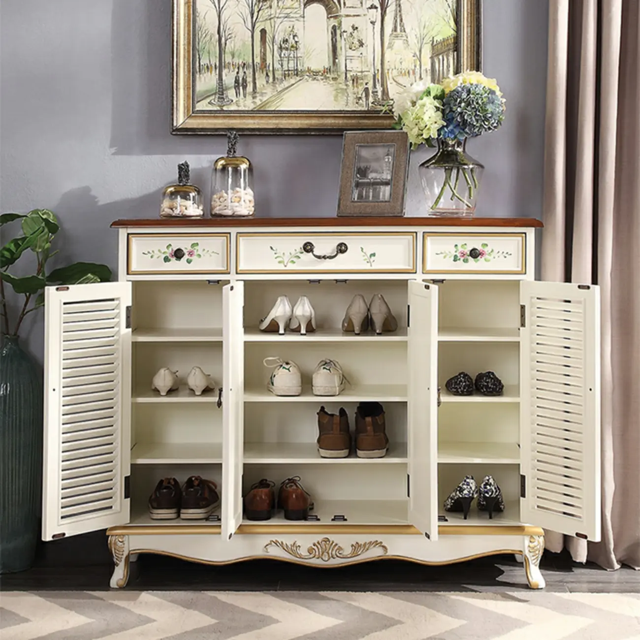 Traditional Beige Wooden Floral Shoe Cabinet with Drawers Image - 3 | homeyfad