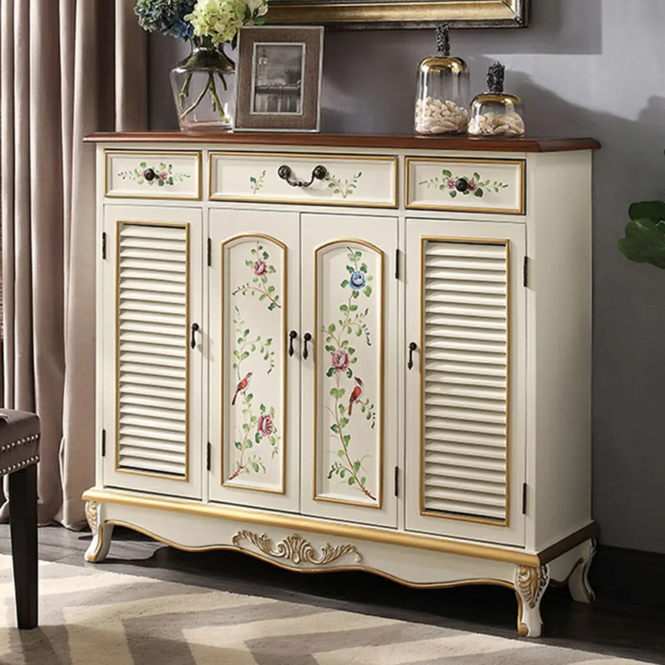 Traditional Beige Wooden Floral Shoe Cabinet with Drawers Image - 2 | homeyfad