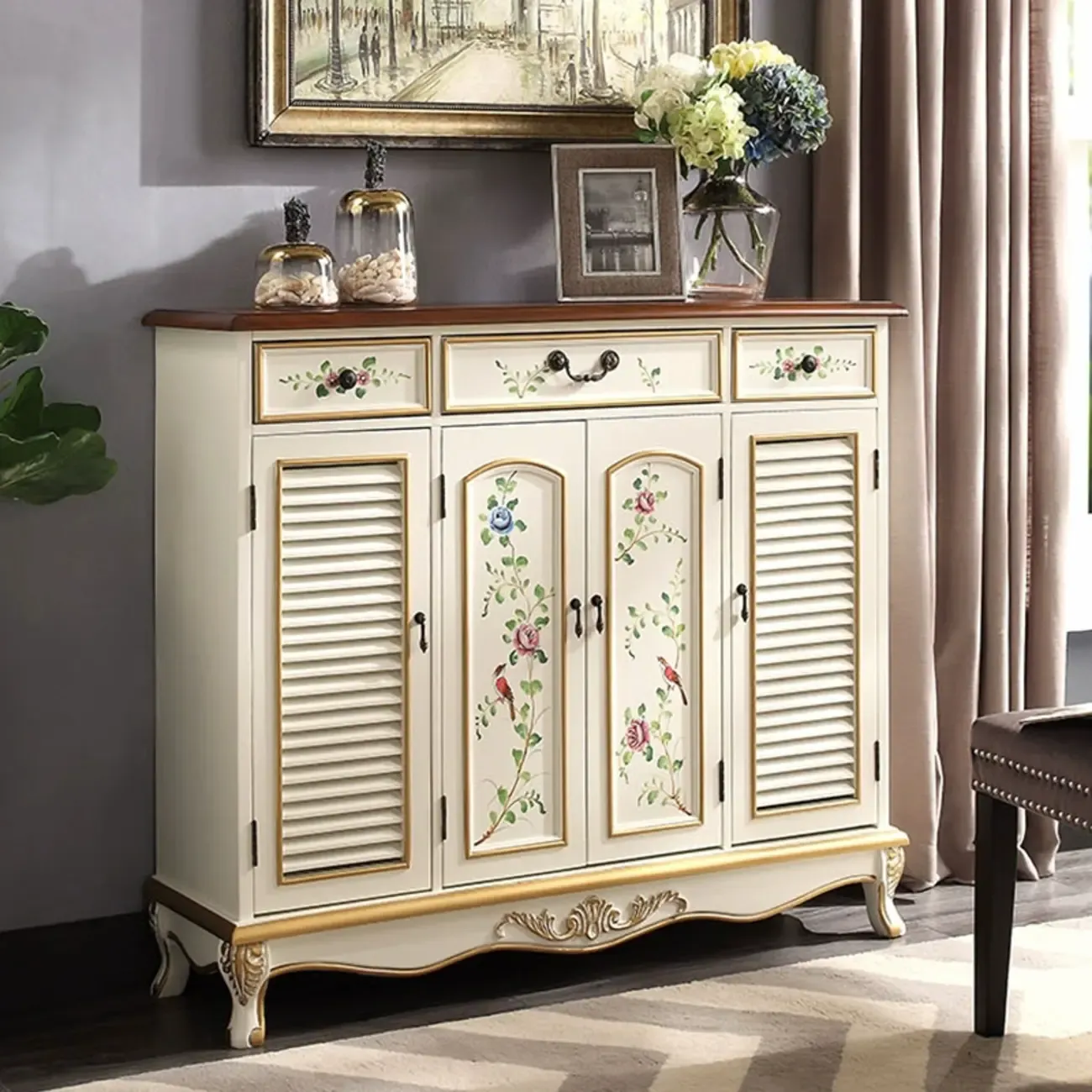 Traditional Beige Wooden Floral Shoe Cabinet with Drawers | HomeyFad