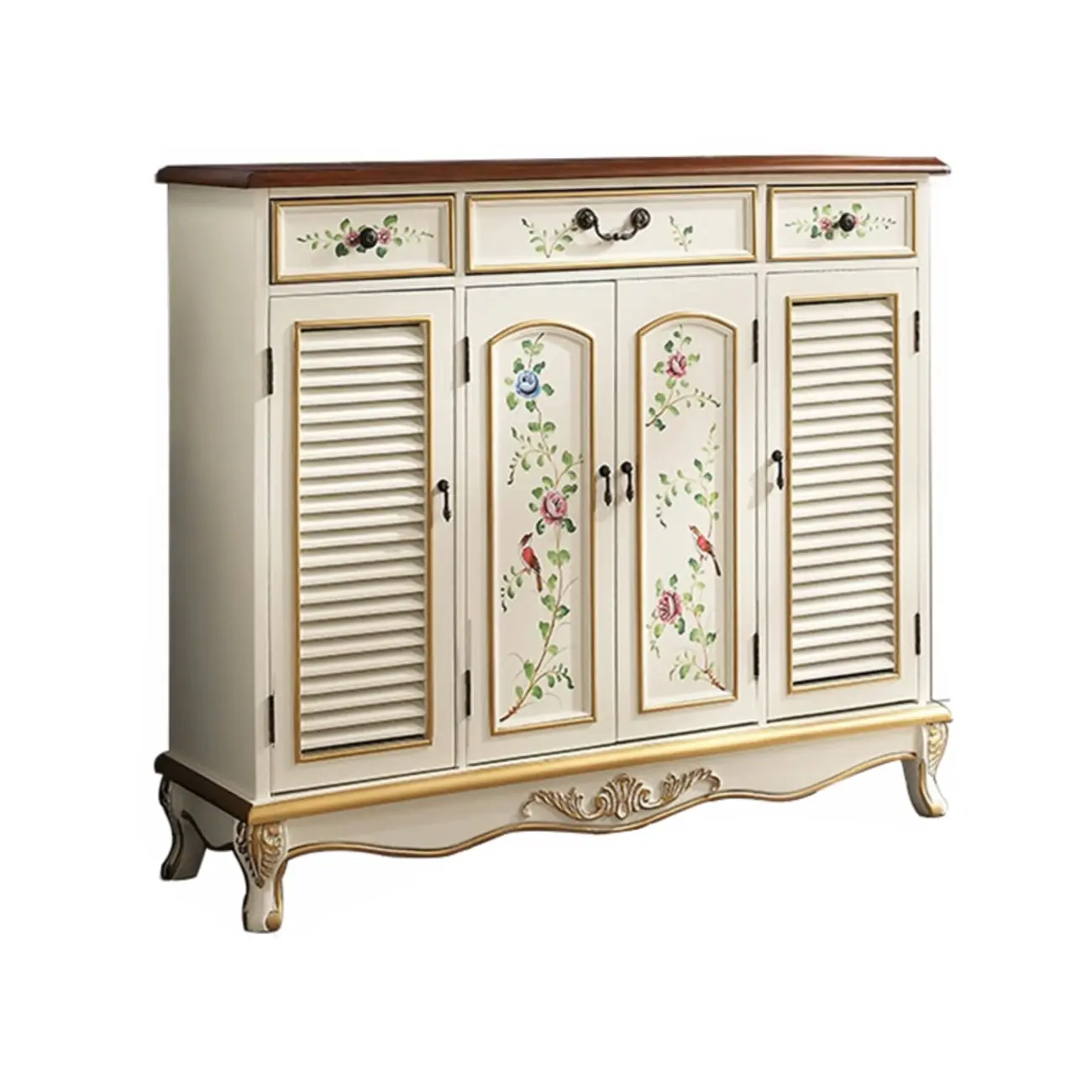 Traditional Beige Wooden Floral Shoe Cabinet with Drawers Image - 5 | homeyfad