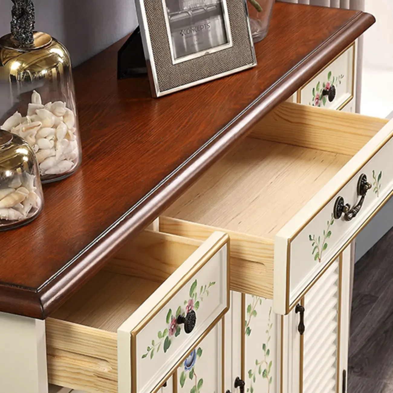 Traditional Beige Wooden Floral Shoe Cabinet with Drawers Image - 6