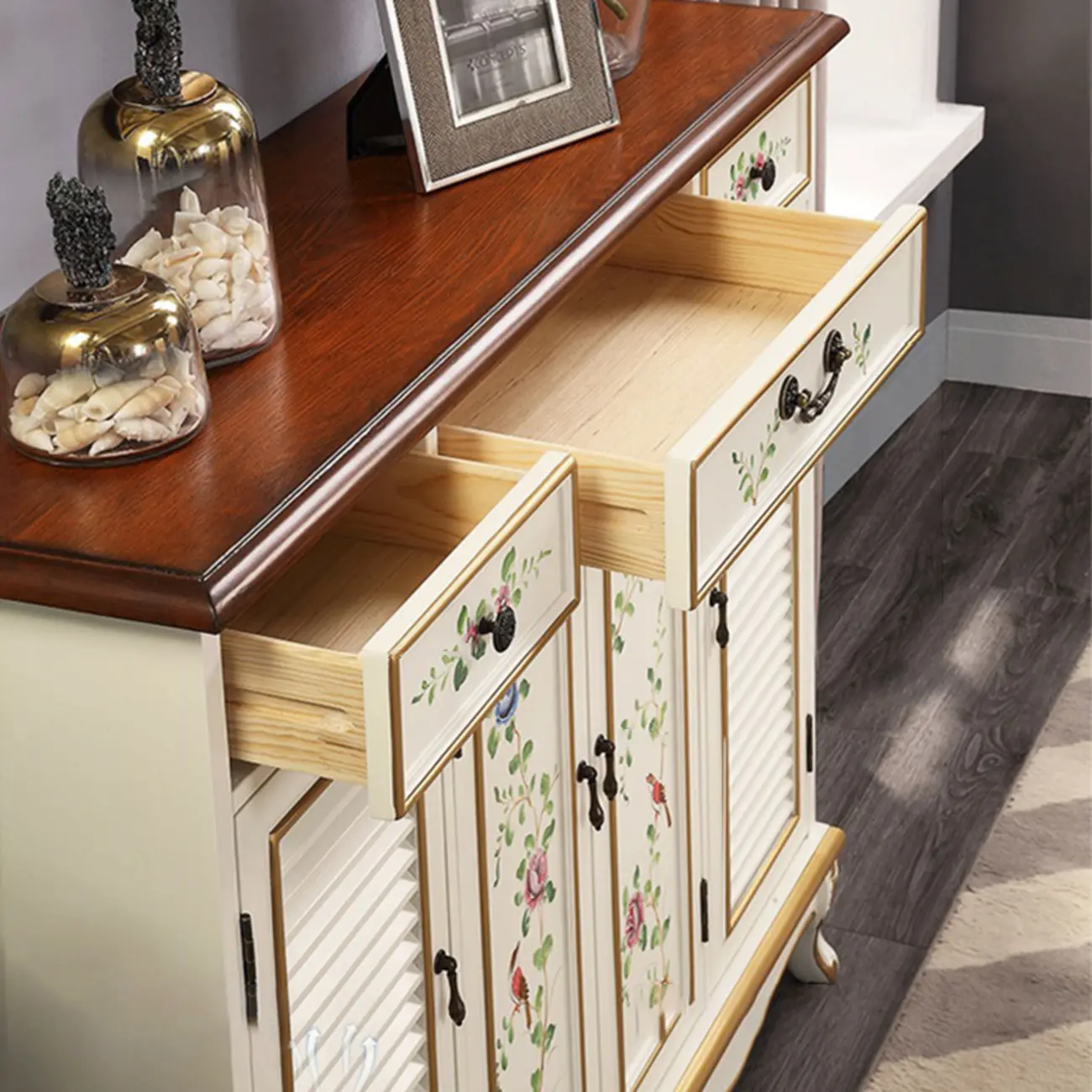 Traditional Beige Wooden Floral Shoe Cabinet with Drawers Image - 7 | homeyfad