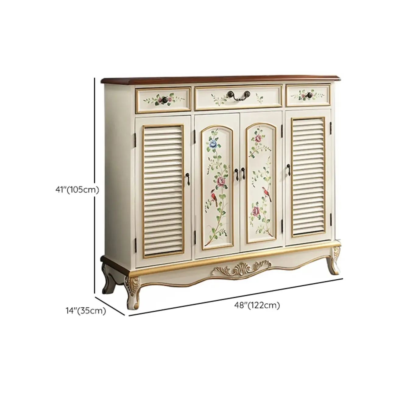 Traditional Beige Wooden Floral Shoe Cabinet with Drawers #size