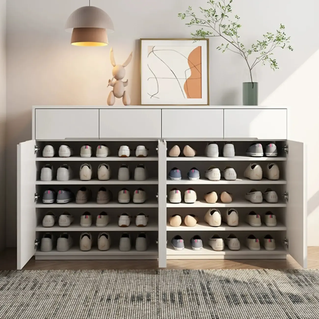Trendy Large White Wood Hallway Shoe Cabinet Image - 6