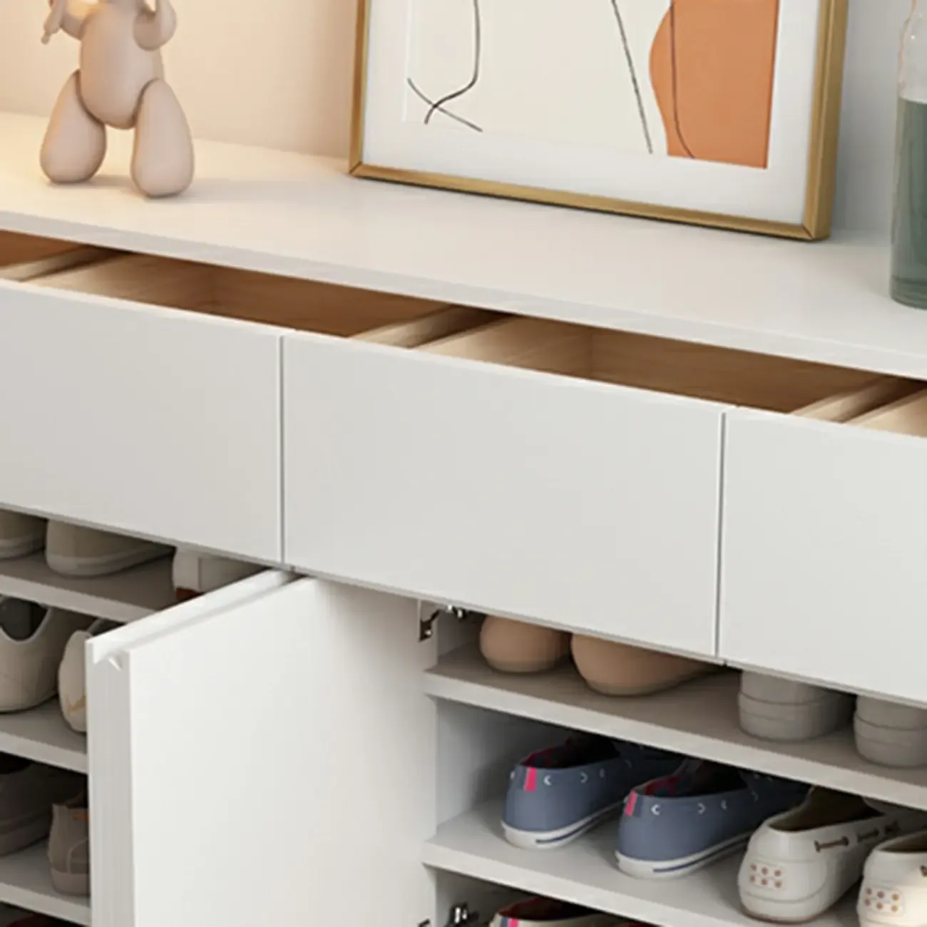 Trendy Large White Wood Hallway Shoe Cabinet Image - 9